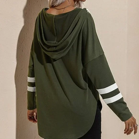 Coeur de Vague | Army Green & White Stripe Drawstring V-Neck Hoodie L - Picture 2 of 3